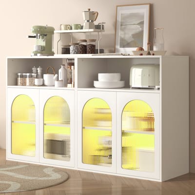HAUSS SPOLE Dressoirs 140x35x90 - Ladekast - Kast - Commode - Slaapkamer - Dressoir Kast Set Met Glazen Deur En LED Licht - Veel Opbergruimte - MDF - Wit