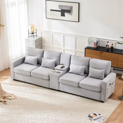 MODFU Vierzitsbank - Met Console En USB-Aansluitingen - Modern - Voor Woonkamer - Linnen - Grijs - 290 X 83 X 88 Cm