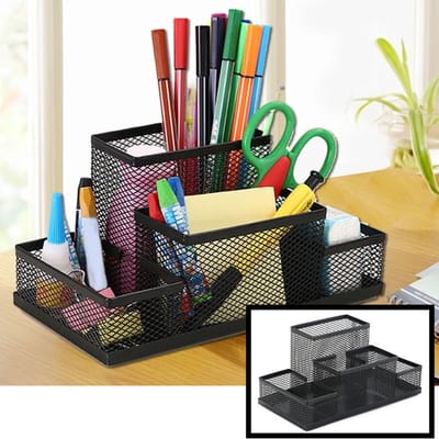 Pennenbak met 4 vakken - Pennenhouder - Desk - Bureau organizer - Pennenbakje - Metaal - Mesh - Pennenbakjes - Zwart