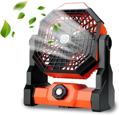 Oplaadbare Draagbare Camping Ventilator Met LED Lantaarn, 270° Rotatie, 8 Snelheden, Dubbele Motor, USB-C, Accu Voor Camping & Reizen, Oranje