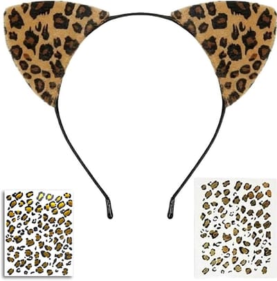 Luipaard hoofdbandenset met 2 tatoeages - kattenoren haarbanden dames voor carnaval Halloween kostuum - antislip luipaard hoofdband accessoires - zacht en aangenaam hoofdtooi