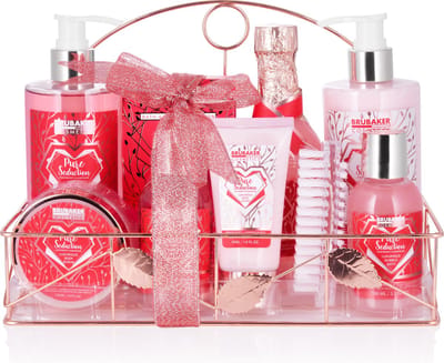 BRUBAKER Cosmetics 10-Delig Bad en Douche Set Framboos Champagne - Cadeautip Vrouw - Cadeau Idee - Verzorgingsset Geschenkset in Metalen Mandje Rosé Goud - Cadeau - Moederdag Cadeautje