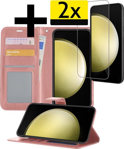 Hoesje - Met 2x Screenprotector - Geschikt voor Samsung Galaxy S23 FE - Luxe Pasjeshouder - Bookcase Portemonee - Flip Case - Kunstleer Book Case - Flipcase Hoes - Book Cover - Walletcase - Portemonneehoes - Telefoonhoesjes - Rosé goud