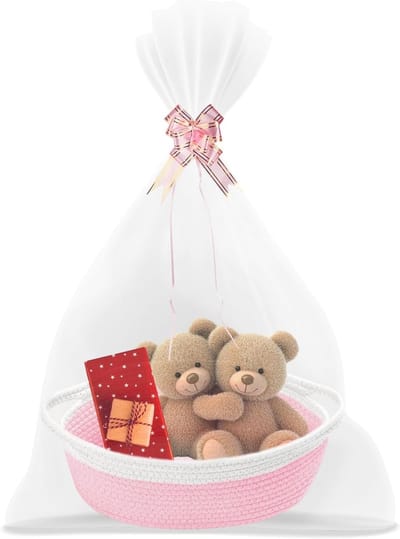 Lege Gevlochten Cadeaumand met Cellofaan en Strik, Ideaal voor Babyshowers, Verjaardagen en Bruiloften, Witte en Roze Kleur