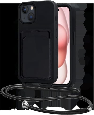 Hoes Geschikt voor iPhone 15 Plus Hoesje Pasjeshouder Cover Met Koord Case Siliconen Hoes Met Telefoonkoord en Kaarthouder - Zwart