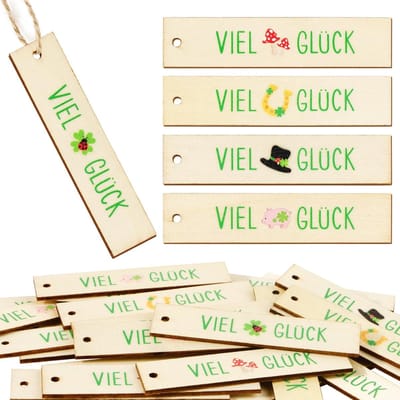 Houten Cadeaulabels - Geluksbrengers Hangers - Cadeau Decoratie - 30 Stuks Set - 9x2cm