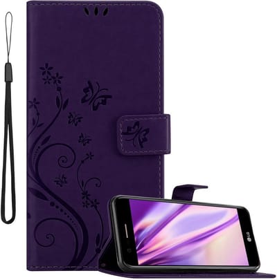 Cadorabo Hoesje geschikt voor LG K10 2017 in BLOEMEN DONKER PAARS - Beschermhoes in bloemmotief met magnetische sluiting, standfunctie en kaartsleuven Book Case Cover Etui