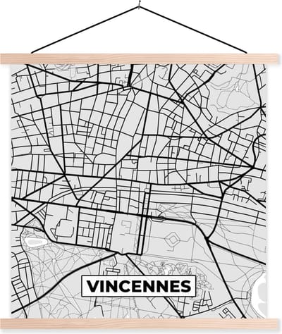 Posterhanger incl. Poster 40x40 cm - Schoolplaat - Kaart – Stadskaart – Vincennes - Plattegrond – Frankrijk - Textielposter - Blanke latten - Stadskaart