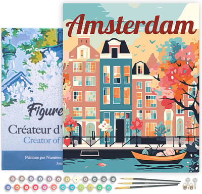 Figured'Art Schilderen op Nummer Volwassenen met lijst Reisposter Amsterdam in Bloei - Handwerk acrylverf Kit DIY Compleet - 40x50cm Canvas al ingelijst