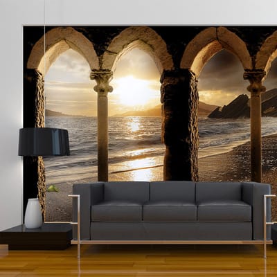 98cm X 70cm - Zelfklevend fotobehang - Kasteel op het strand , Premium Print