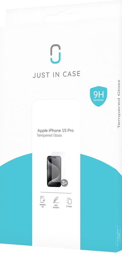 Just in Case screenprotector Tempered Glas geschikt voor iPhone 15 Pro - Bescherming tegen krassen en stoten - Eenvoudig aan te brengen - Transparant - 3 stuks