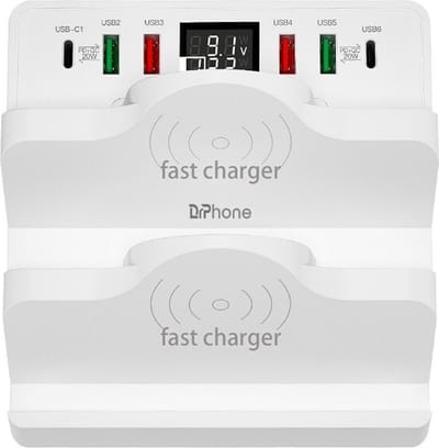 DrPhone SmartC7 Multifunctionele 80W Laadstation - 6-poorts –PD 3.0 20W/QC Qualcomm 3.0 18W - Oplaadstation met Dubbele Draadloos Oplader met LED Display – Wit