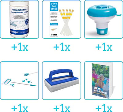 Zwembad Onderhoudspakket - Onderhoud Zwembad - bevat Chloor - Testrips - Chloordrijver - Schoonmaakset - Scrubborstel en Zwembadgids (6-delig)