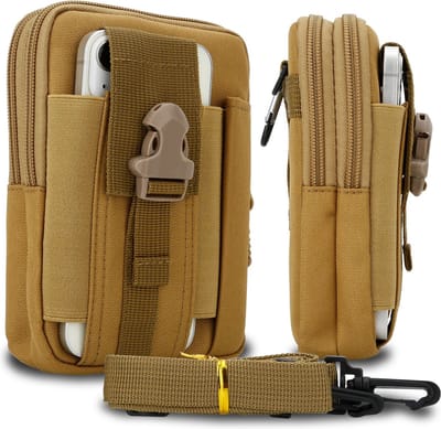 Hoesje geschikt voor Apple iPhone 15 in roze camouflage tactische mobiele telefoon molle EDC etui compatibel schoudertache militaire riem case cover