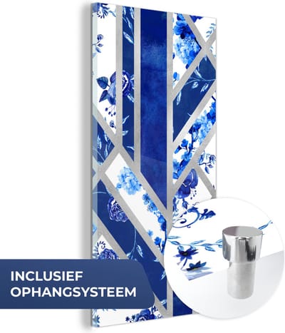MuchoWow® Glasschilderij 20x40 cm - Schilderij acrylglas - Delfts blauw - Design - Luxe - Foto op glas - Schilderijen