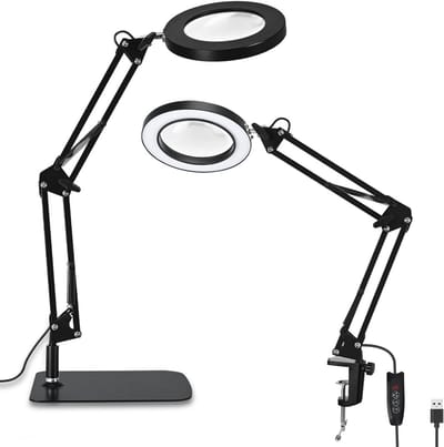 SnelShoppen - 10x Vergrootglas met Licht en Stand, 3 Kleurmodi Dimbare LED Vergrootlamp, Handenvrije Tafellamp met Zware Klem voor Hobby en Reparatie