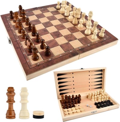 Draagbaar opvouwbaar schaakbord 3-in-1 - Professioneel houten schaakbord voor volwassenen en buitenactiviteiten - 29 x 29 cm