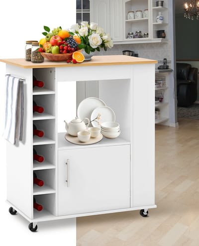 Keukeneiland - Verplaatsbaar - Keukenkast - Dressoir - Organizer - Kasten - Houten Werkblad - Lade - Wit