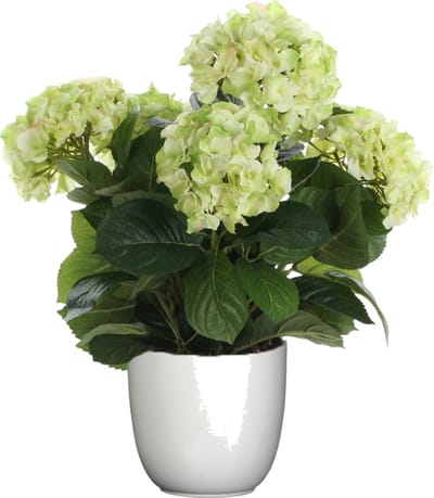 Hortensia kunstplant/kunstbloemen 45 cm - groen - in pot wit - Kunst kamerplant