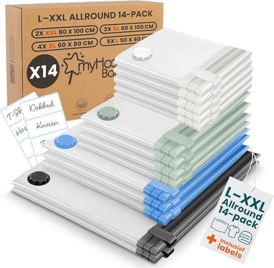 Thijox - Vacuümzakken 14-delig Set, 2 XXL (80x100 cm), 3 XL (60x100 cm), 4 L (60x80 cm), 5 M (50x60 cm) - Plaatsbesparende Opbergzakken voor Kleding,