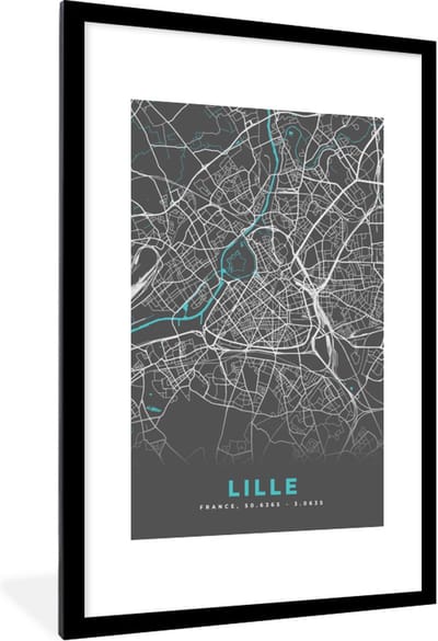 Fotolijst incl. Poster - Frankrijk - Lille - Plattegrond - Kaart - Stadskaart - 80x120 cm - Posterlijst