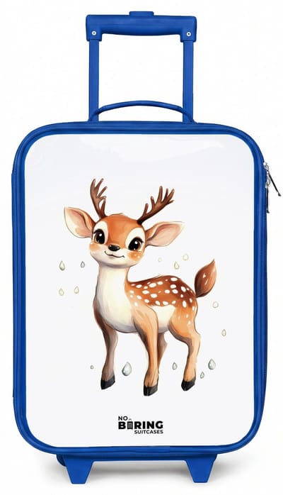 NoBoringSuitcases.com® - Kinderkoffer blauw - Kindertrolley jongen - Jong hertje met gewei en witte stippen - Koffer kind lichtgewicht - Reiskoffer trolley voor kinderen - Koffertje met lichtgevende wieltjes - Rolkoffer