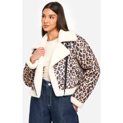 boohoo Dames Leopard Print Cropped Aviator Jas met Luipaardprint | Maat: 8