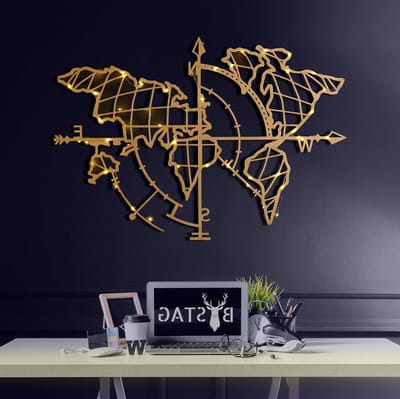Metalen Wereldkaart - Wanddecoratie - Woonkamer Verfraaien - 100% Metaal - 66 x 96 cm - Goud