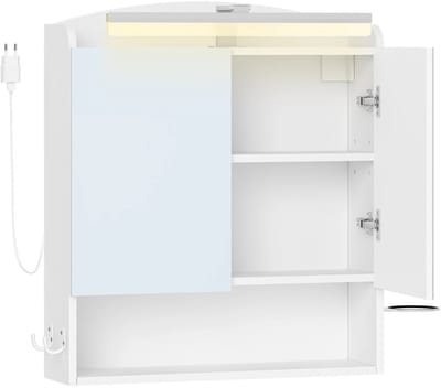 Hutjemutje - spiegelkast met verlichting - wandkast - verstelbare plank - met fohnhouder en haken - 180° draaibaar licht - 15 x 60 x 64,2 - wit