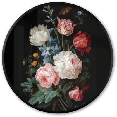 Poster in lijst Rond - Fotolijst 60x60 cm - Posters - Boeket - Kleurrijk - Klassiek - Ronde posterlijst zwart - Decoratie - Wanddecoratie woonkamer - Muurdecoratie slaapkamer