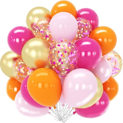 Ballonnen, 60 stuks 30 cm felroze oranje metallic gouden ballonnenset met confetti ballon en lint, latex ballonnen voor verjaardag babyshower, tropische fiesta zomerfeestdecoraties