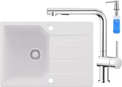 Anycee MAX Spoelbak Keuken 65x45CM - Granieten Spoelbak Wit - Wasbak Keuken Met Keukenkraan en Zeepdispenser - Spoelbakken Keuken Met Kraangat - Met Druiprek en Sifon