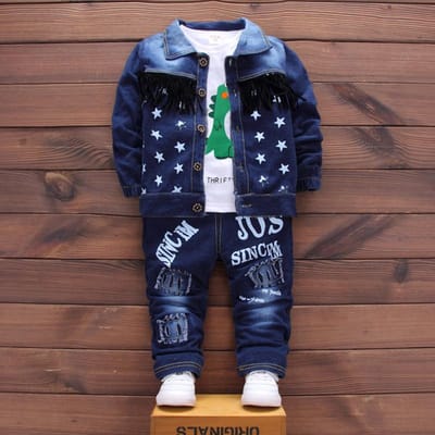 Lente Herfst Kinderen Kids Kleine Jongens Kleding Set 3-delige Set Lange Mouw Katoenen Hoodie T-shirt Denim Jas Jas en Jeans 90cm black