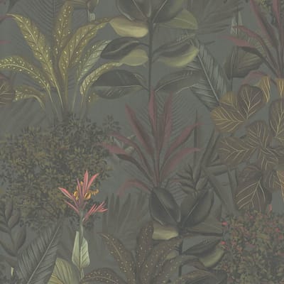 Bloemen behang Profhome 394332-GU vliesbehang hardvinyl warmdruk in reliëf licht gestructureerd in jungle stijl mat groen bordeauxpaars olijfgrijs 5,33 m2