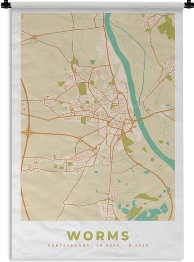Wandkleed - Wanddoek - Plattegrond - Worms - Stadskaart - Kaart - Vintage - 120x180 cm - Wandtapijt