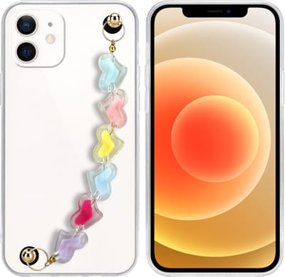 Cadorabo Hoesje geschikt voor Apple iPhone 12 in Transparant met kleurrijke hartjes - Beschermhoes van flexibel TPU silicone Case Cover met polsketting
