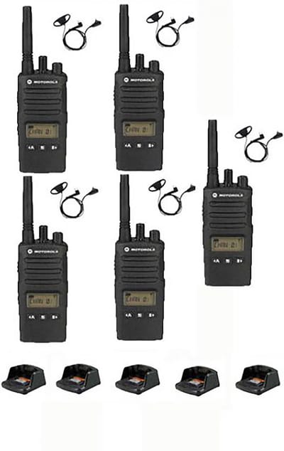 Set van 5 Motorola XT460 IP55 PMR446 met D-shape oortje M1 2-Pins en tafellader