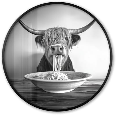 Poster in lijst Rond - Fotolijst 60x60 cm - Posters - Schotse Hooglander - Spaghetti - Dieren - Zwart wit - Ronde posterlijst zwart - Decoratie - Wanddecoratie woonkamer - Muurdecoratie slaapkamer