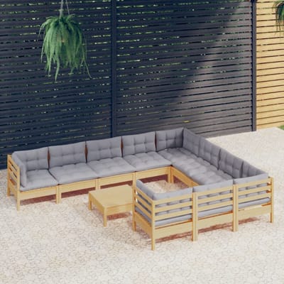 vidaXL - 11-delige - Loungeset - met - grijze - kussens - grenenhout