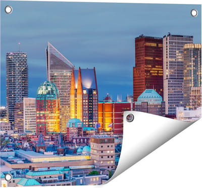 Gards Tuinposter Den Haag Skyline met Wolkenkrabbers - 50x40 cm - Tuindoek - Tuindecoratie - Wanddecoratie buiten - Tuinschilderij