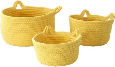 Katoenen Opbergmand met Kattenoren - Multifunctionele Organizer voor Kinderkamer en Badkamer - Stapelbare Mand Geel M 21x12cm