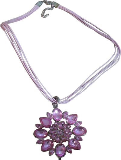 Ketting met ronde hanger bloem blaadjes strass stenen roze #2