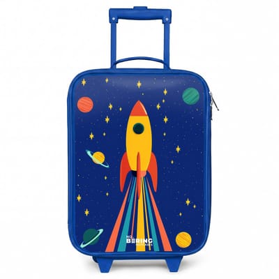 NoBoringSuitcases.com® - Kinderkoffer blauw - Kindertrolley jongen - Raket - Sterren - Planeet - Ruimte - Koffer kind lichtgewicht - Reiskoffer trolley voor kinderen - Koffertje met lichtgevende wieltjes - Rolkoffer