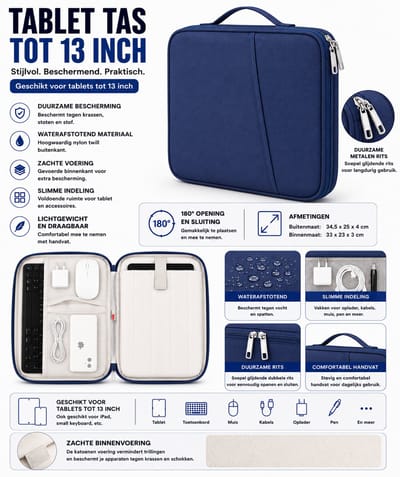 Tablet Organizer Tas 13 inch Donkerblauw – Waterafstotend – Tablet Sleeve – Opbergtas voor iPad, Tablet, Toetsenbord, Muis & Accessoires – Dubbele Rits – Zachte Binnenvoering