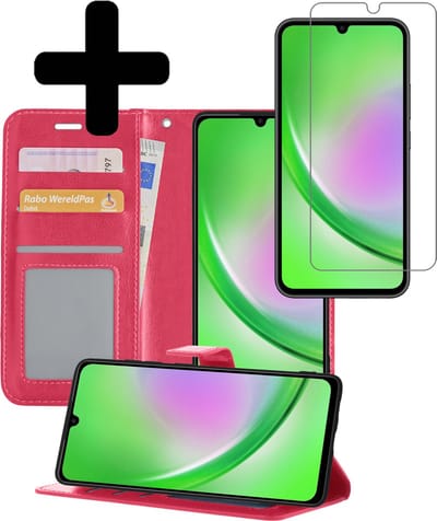 Hoesje - Met Screenprotector - Geschikt voor Samsung Galaxy A34 - Luxe Pasjeshouder - Bookcase Portemonee - Flip Case - Kunstleer Book Case - Flipcase - Book Cover - Walletcase - Portemonneehoes - Telefoonhoesjes - Donkerroze