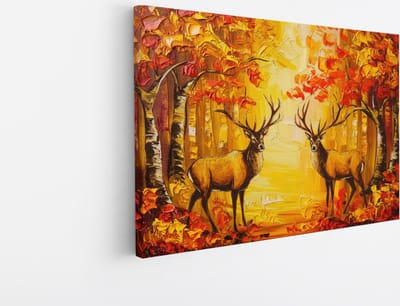 Saammp Canvas Schilderij - Hert - Olieverf - Abstract - Natuur - Dieren - 45x30 - Foto op canvas - Wanddecoratie - Muurdecoratie Woonkamer - Slaapkamer decoratie - Canvas Print