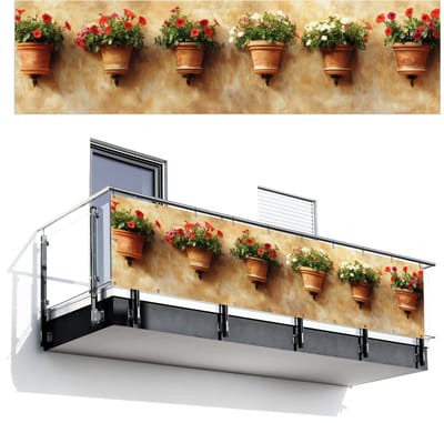 Balkonscherm 300x80 cm - Balkonposter Bloempotten - Muur - Vintage - Balkon scherm decoratie - Balkonschermen - Balkondoek zonnescherm