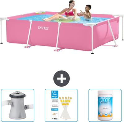 Intex Rechthoekig Frame Zwembad - 220 x 150 x 60 cm - Roze - Inclusief Zwembadfilterpomp - Testrips - Chloor