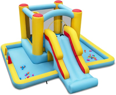 COSTWAY Springkasteel met glijbaan, tunnel, basketbalkorf en ringwerpspel, voor binnen en buiten, incl. kleurrijke ballen, basketbal, reparatieset, 394 x 389 x 194 cm