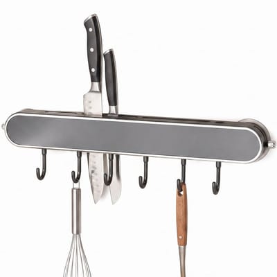 Cheqo® Keukenrek Wandmontage met Haken - Messenhouder - Keukengerei Ophangrek - Keukengereihouder Zonder Boren - Hangend Wandrek - Messenrek - Keuken Organizer - Haaklijst - Keukenrail voor in de Keuken
